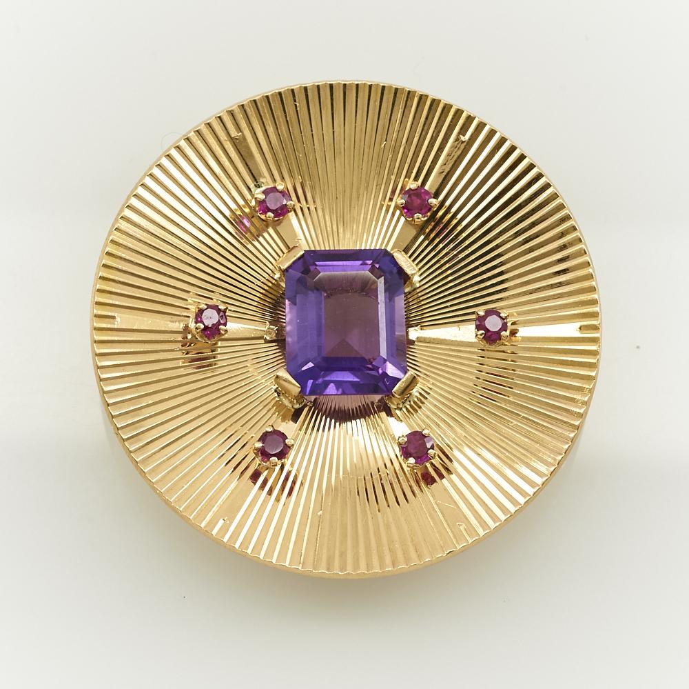 14k Yellow gold, amethyst & ruby modern brooch (1 of 1)