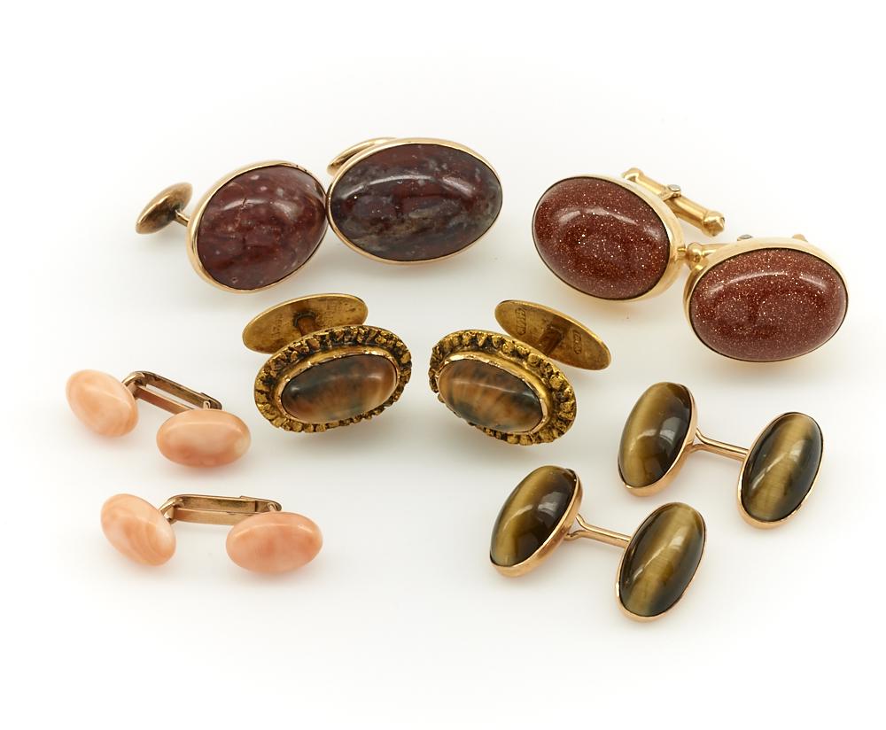 Lot: 14k Cufflinks coral, goldstone, Mastodon, Tiger's (1 of 1)