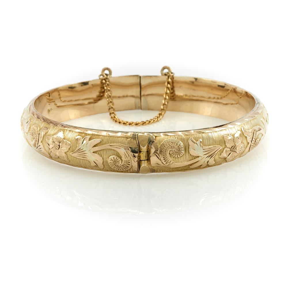 14k Yellow gold engraved, Victorian bangle bracelet (1 of 1)