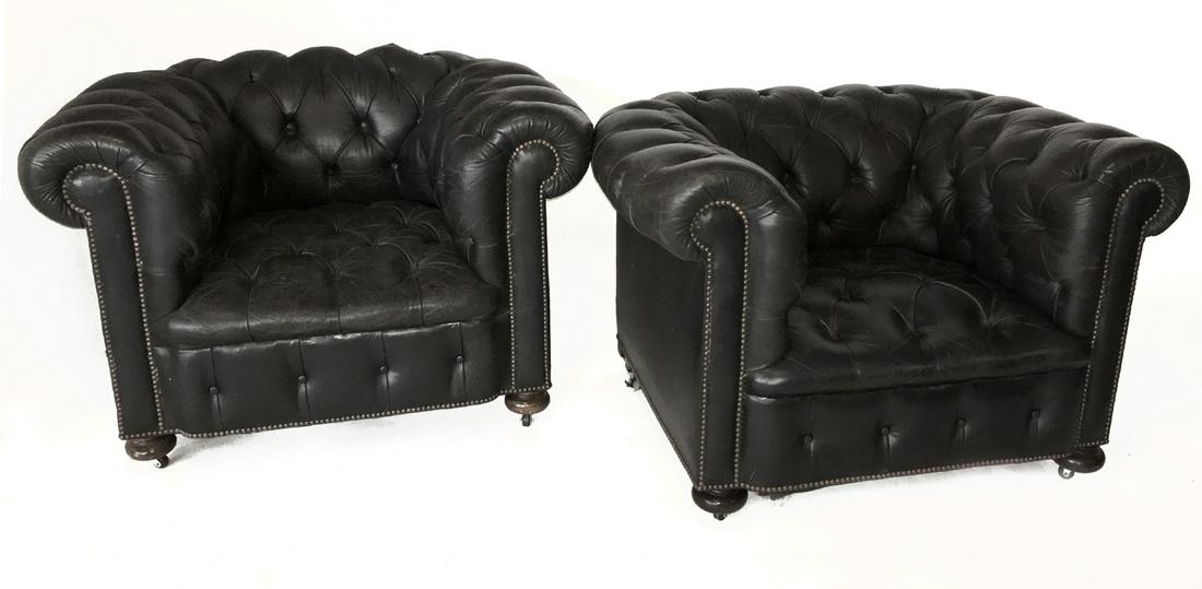 Pair of Black Leather Tufted Armchairs: Pair of Black Leather Tufted Armchairs. 29" t x 44" w x 25" d. Springs should be retied. Leather need a good saddle soaping.