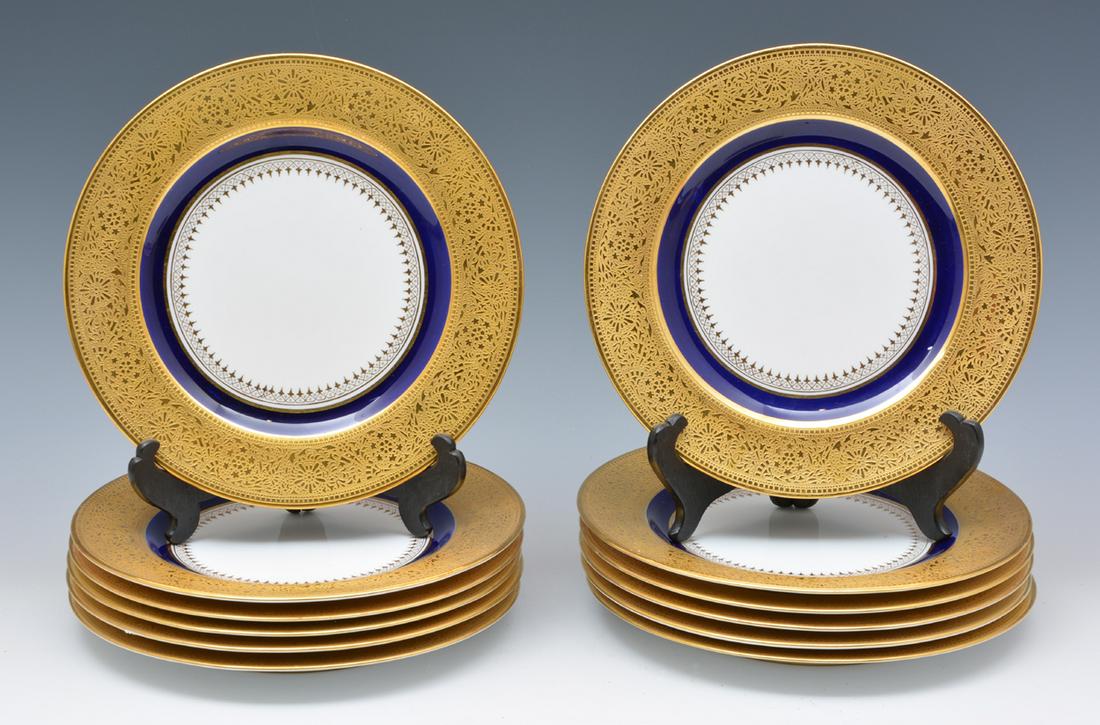 12 Copelands Spode for Ovington Bros. gold/cobalt blue: 12 Copelands Spode for Ovington Bros., gold/cobalt blue rim. 9" diameter. Very good condition.