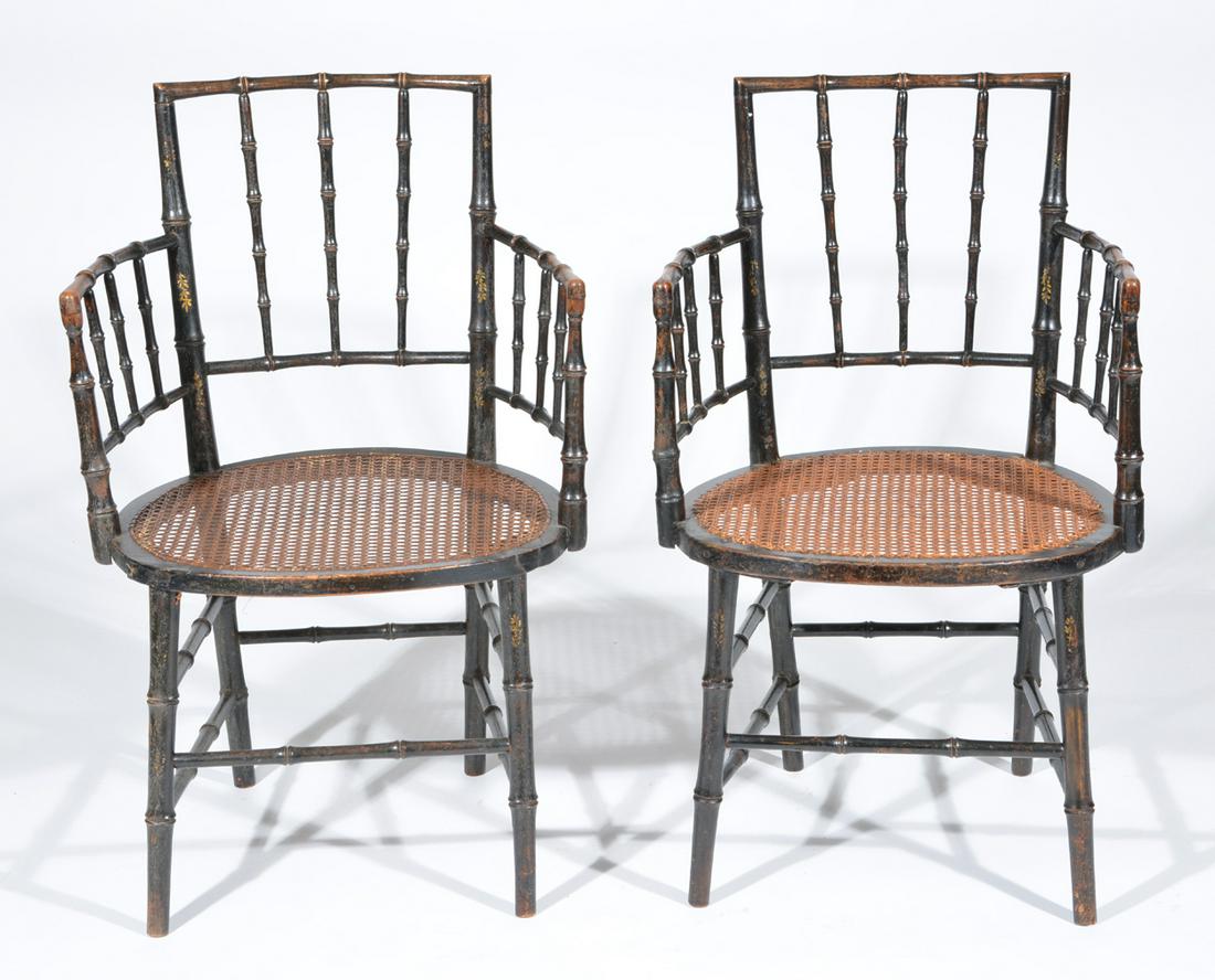Pair of Chinoiserie Faux Bamboo Armchairs, 19th c.: Pair of Chinoiserie Faux Bamboo Armchairs with caned seats,19th c., original paint with gilt and fitted cushions. 33 1/2"t x 20 1/2"w x 20"d. Good original condition.