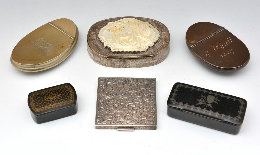 Misc. Grouping of 6 boxes incl. 1 mother of pearl: Misc. Grouping of 6 boxes incl. 1 mother of pearl and 2 papier mache. Largest: 4"