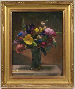 Jacob Collins (Am, b. 1964), "Spring Floral '94",: Jacob Collins (American, b. 1964), "Spring Floral '94", oil on canvas board, signed and dated lower left. Signed, titled and dated on John Pence Gallery, San Francisco label verso. 16" x 20"; frame: 2