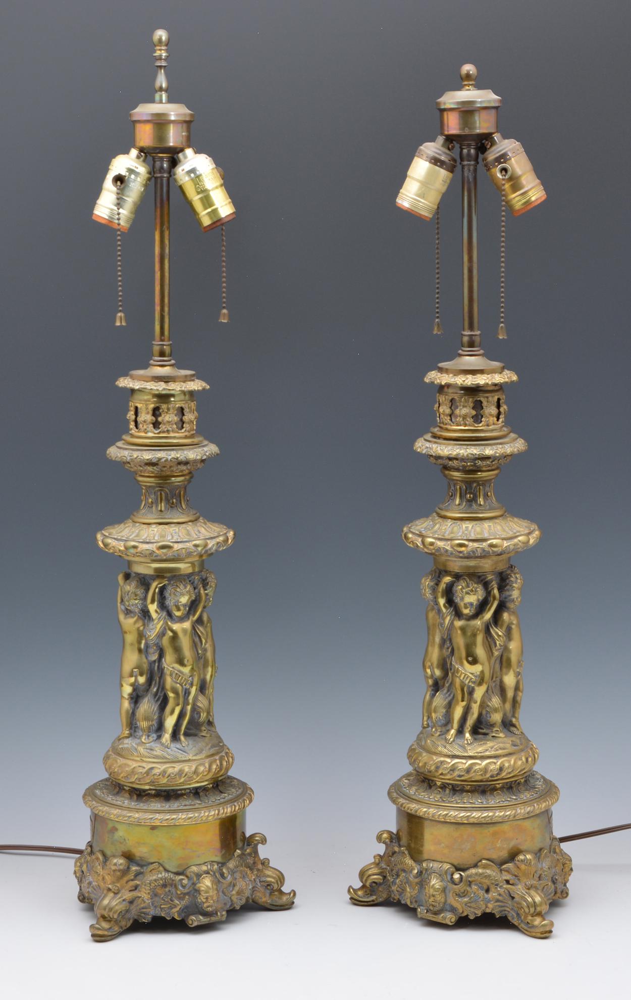 Pair of Neoclassical Brass Table Lamps with Putti (1 of 4)