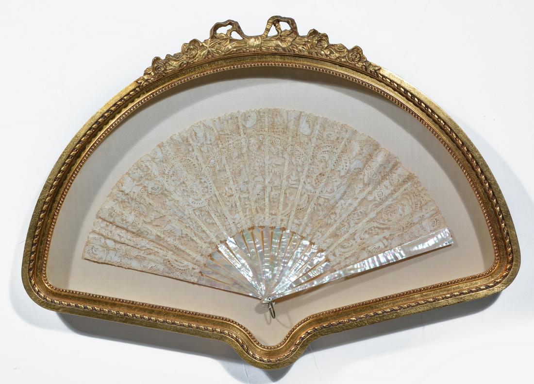Lace & Mother of Pearl Fan in Shaped Shadow Box Frame (1 of 2)