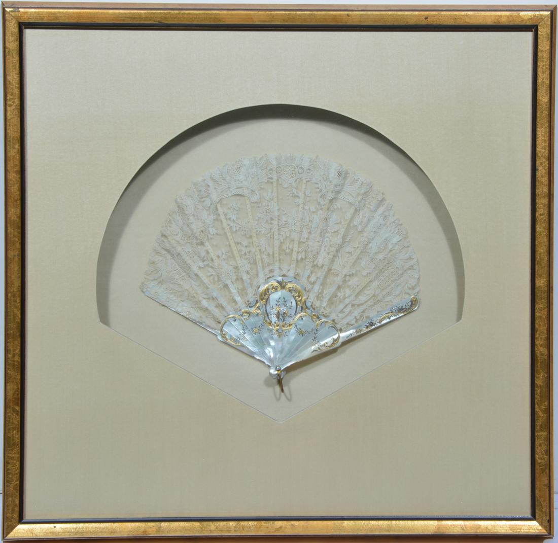 Lace & Mother of Pearl Fan, gilt overlay, Shadow Box (1 of 2)