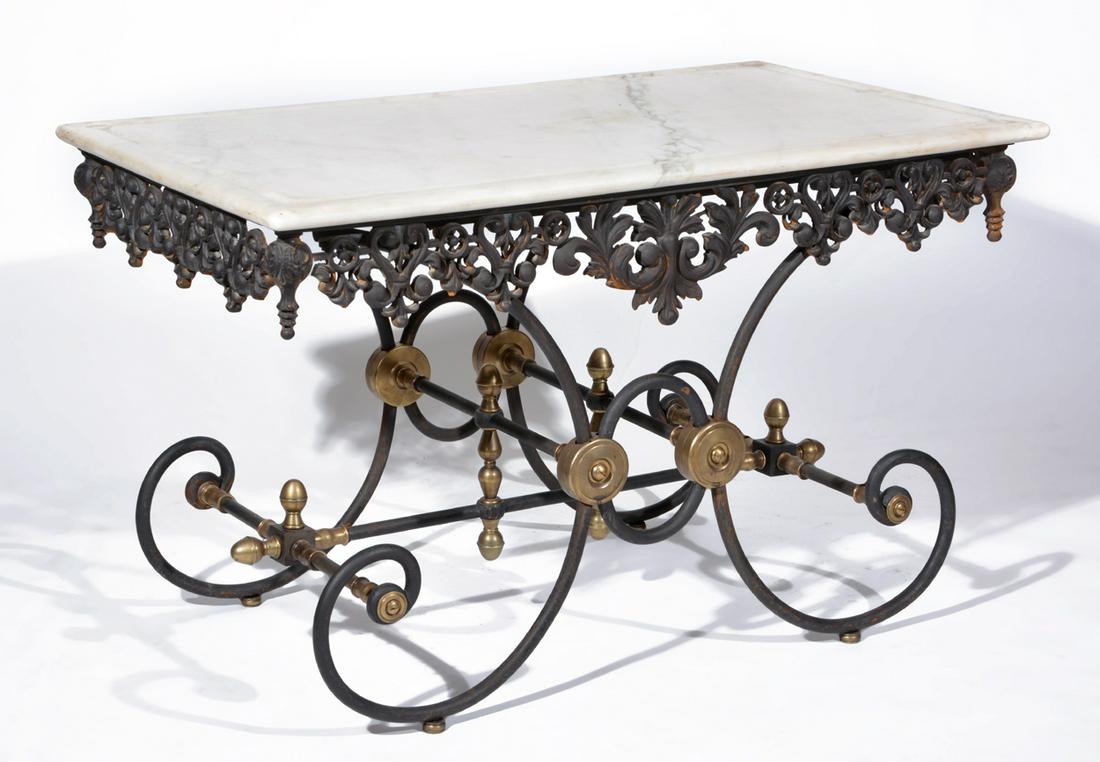French Marble Top Baker's Table with Fancy Iron Base (1 of 4)