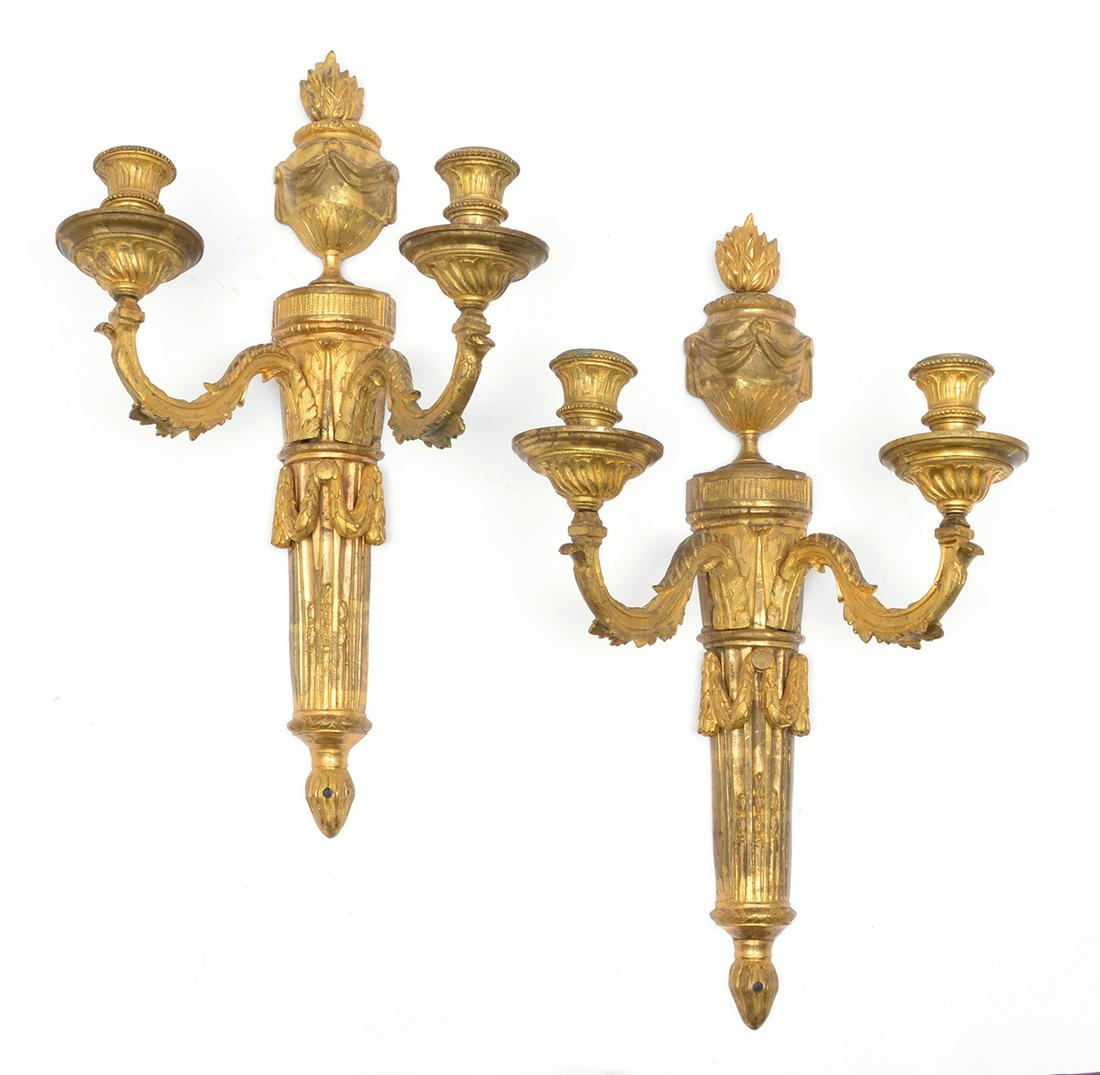 Pair of Early French Gilt Bronze 2 Light Candle Sconces (1 of 1)