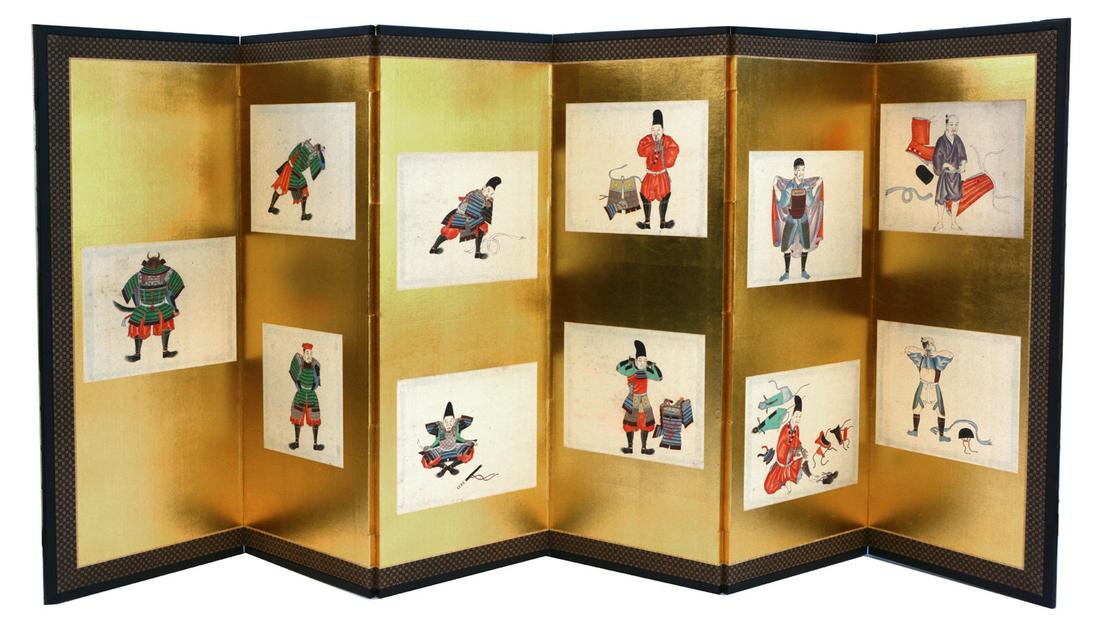 Japanese 6 Panel Screen, 11 Samurai Warrior Paintings. (1 of 4)