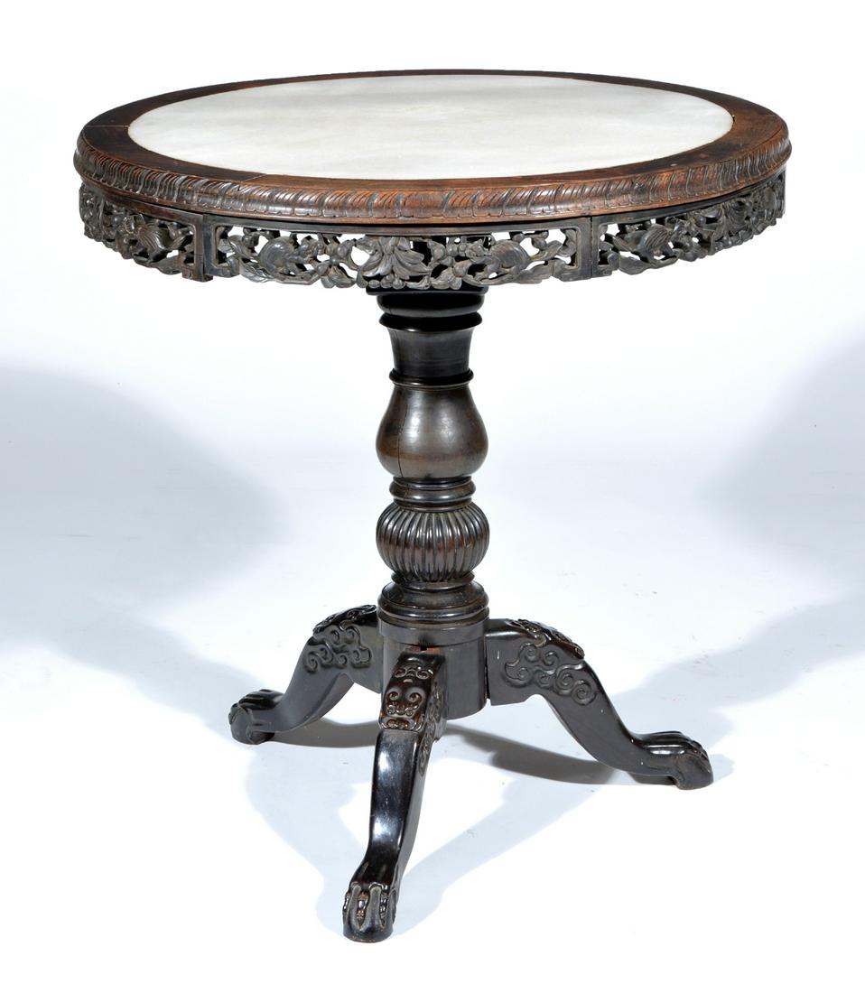 Chinese Carved Side Table, inset white marble top. (1 of 5)