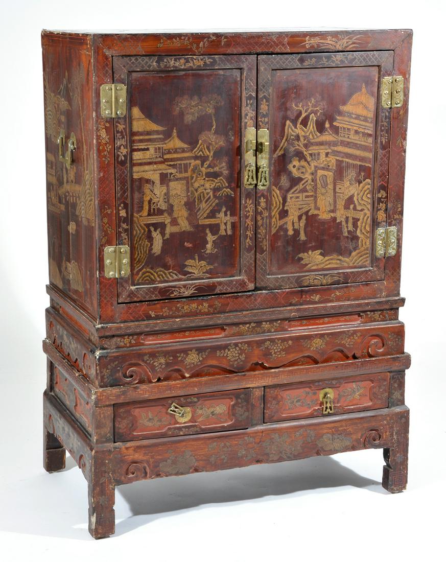 Chinese Red Lacquer Cabinet, floral and scenic panels (1 of 7)