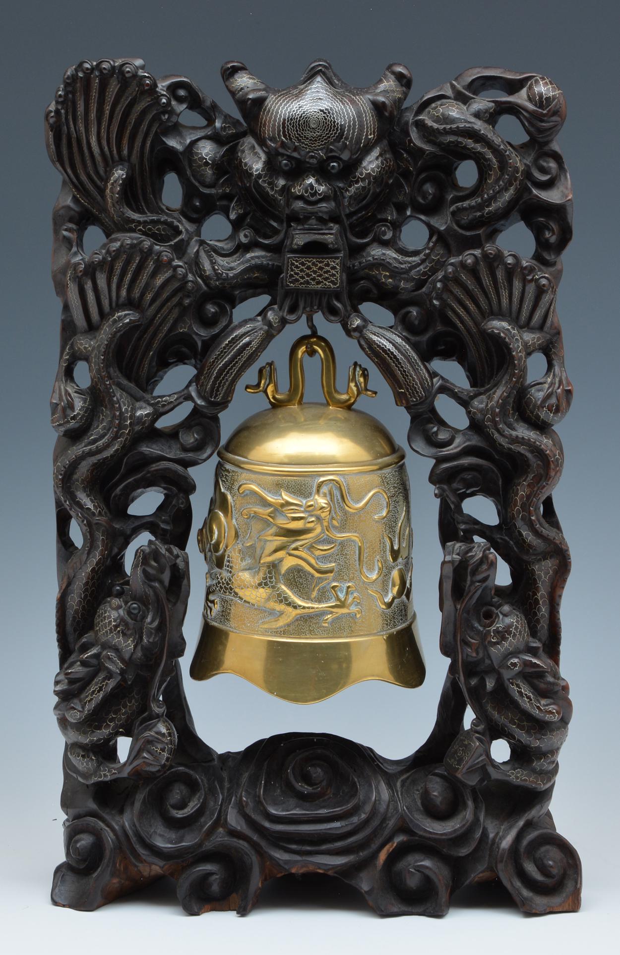 Asian Dragon Carved Wooden & Brass Gong , silver inlay (1 of 4)