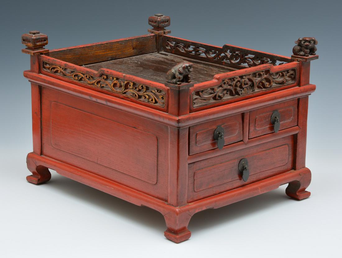 Chinese Red Lacquer 3 Drawer Box with open gallery (1 of 3)