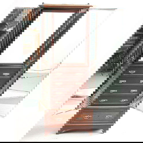 Brot Folding Cabinet: DRESSING CABINET. 19th C. gentleman's mirrored dressing cabinet with fold out doors and fitted cabinet interior. Manufactured by Brot for train and ship compartments. 27 1/4" x 12 1/2" x 69 1/4". Very