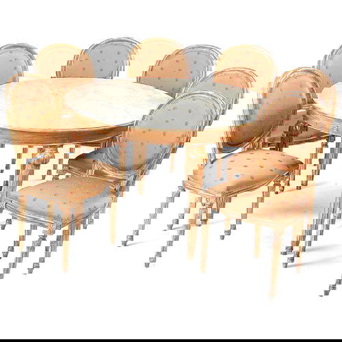 French Gilt Table And Chairs: DINING SET. 19th C. French dining room set round table with three leaves and six upholstered chairs all in tobacco gilt. Table 47 1/2" diameter x 30 1/2" - leaves 19 1/4" and chairs 19 1/2" x 20" x 37