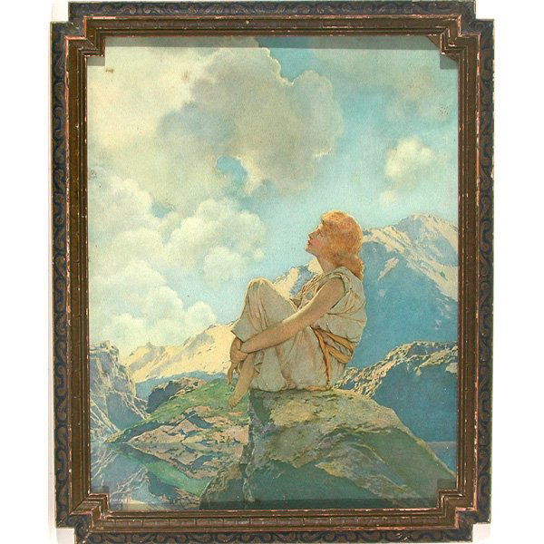 Maxfield Parrish Print, Morning: PRINT. Maxfield Parrish, Morning, print, inscribed on the back "To Alma from her Bunnie", Alma is Alma Gilbert, a curator of the Maxfield Parrish Museum, Plainfield, N.H., 14" x 11" viewed, good condi