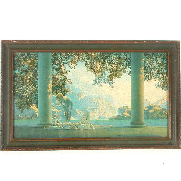 Maxfield Parrish Print, Daybreak: PRINT. Maxfield Parrish, Daybreak, print, marked The House of Art, N.Y., 10" x 18" viewed, good condition.