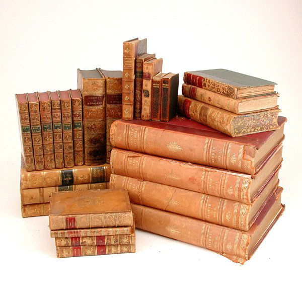 Lot Of 25 Leather Bound Books, 18th C & 19th. C: LOT. Lot of leather bound books including four volumes of "Character Sketches", six volumes of Histoire De La Maison Tudor, Le Petite Secretaire Francais, Self Help etc., 25 volumes total, largest 11"