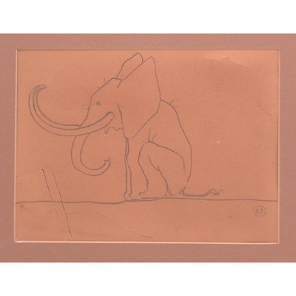 Maxfield Parrish Drawing, Elephant: DRAWING. Maxfield Parrish, elephant, pencil drawing, estate # 23, 12" x 14", with certificate from Alma M. Gilbert, La Galleria, dated February 3, 1977.
