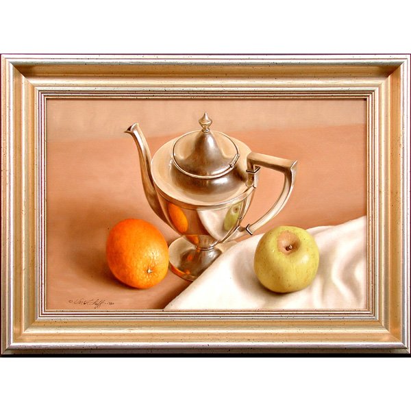 Painting, William Acheff, Teapot W Fruit: PAINTING. William Acheff, Still Life - teapot with fruit, oil on canvas, signed and dated 1980 lower left, 9 3/4" x 14 1/2" viewed, very good original condition.