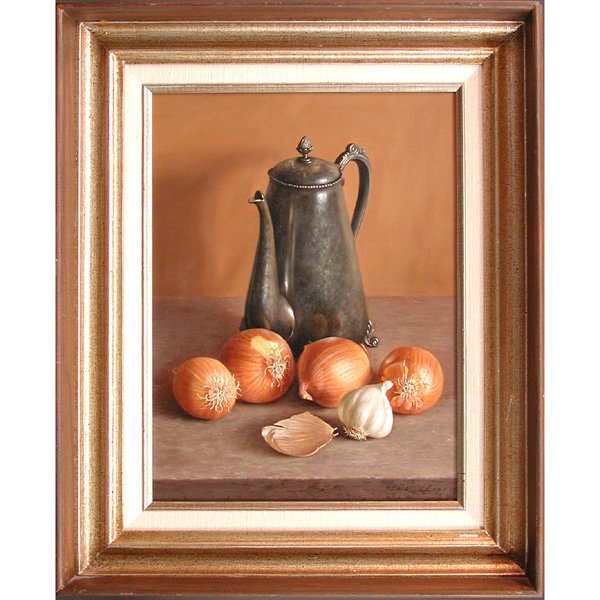 Painting, William Acheff, Still Life: PAINTING. William Acheff, Still life - coffee pot with onions, oil on canvas, signed and dated 1978 lower right, 16" h x 11 1/2" w, viewed, very good original condition.