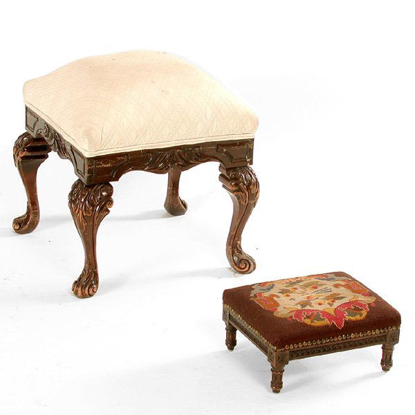 2 Footstools, English & Small French W Needlepoint