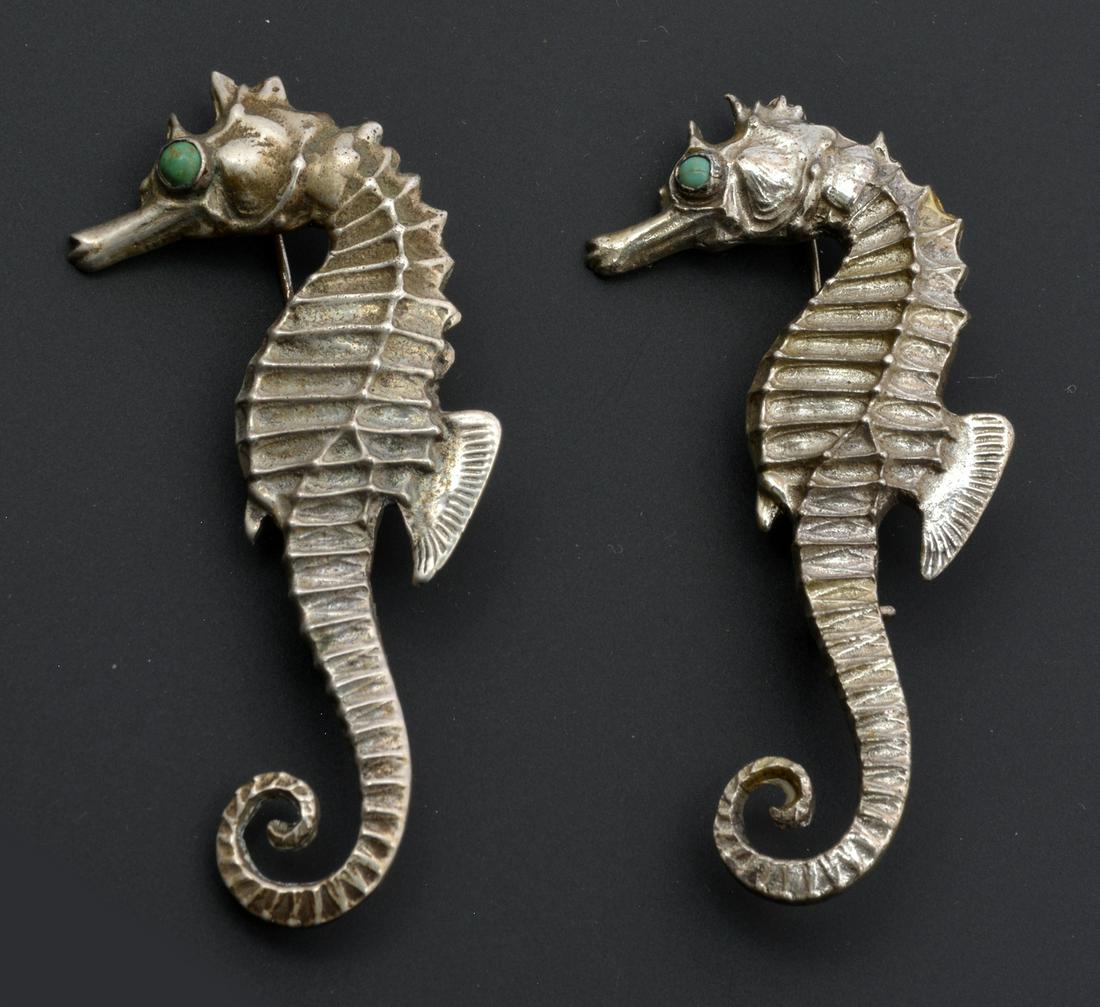 Mexican Silver Seahorse Pins (2) with cabochon eyes. (1 of 2)