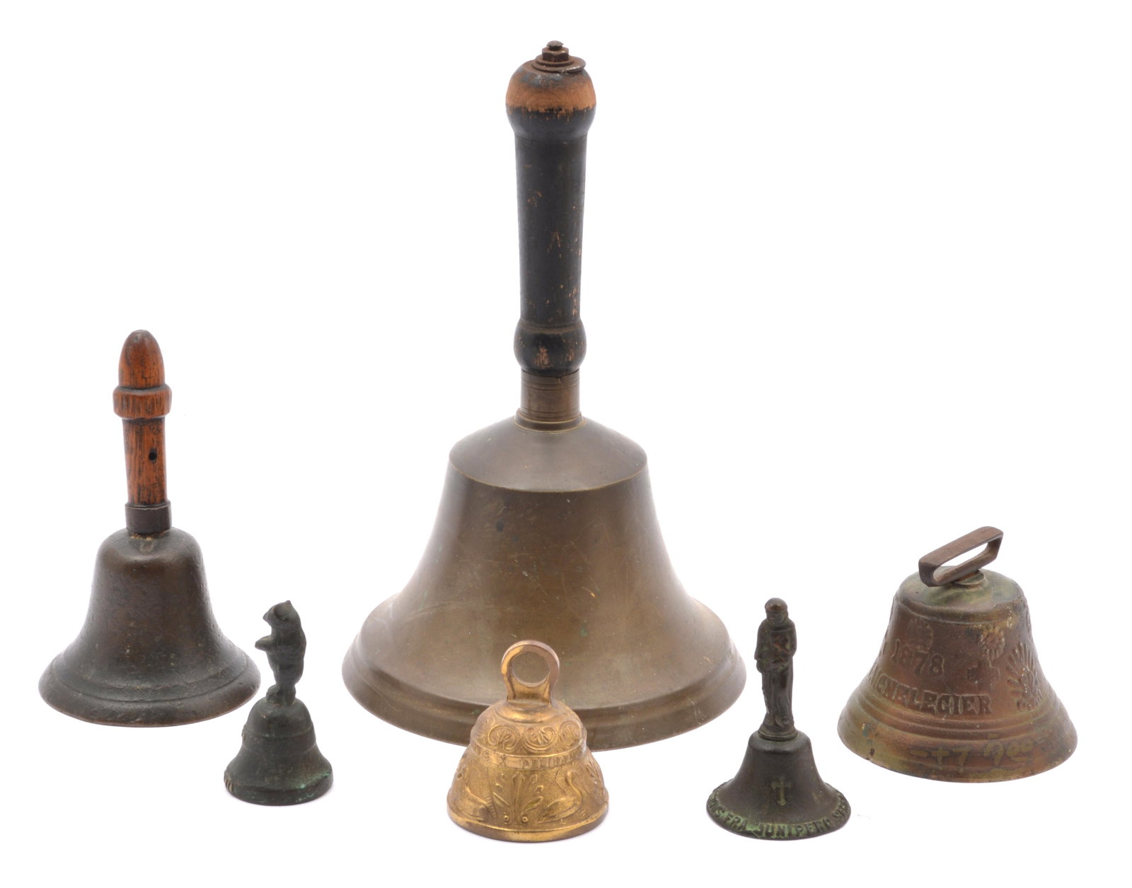 Grouping of 6 Handheld Bells. Tallest 11 1/4".: Grouping of 6 Handheld Bells. Tallest 11 1/4". Good condition.