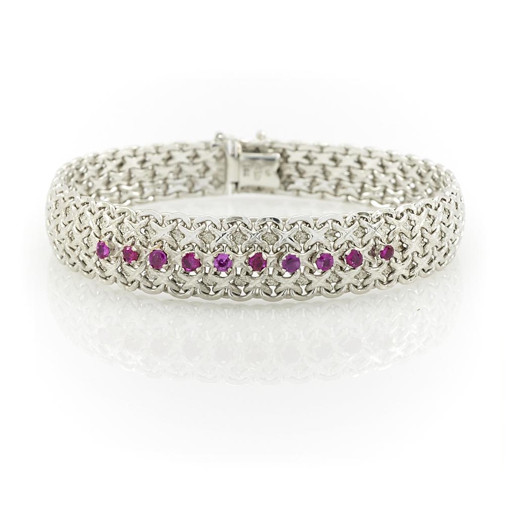 18k White gold braided soft bangle bracelet with rubies (1 of 1)
