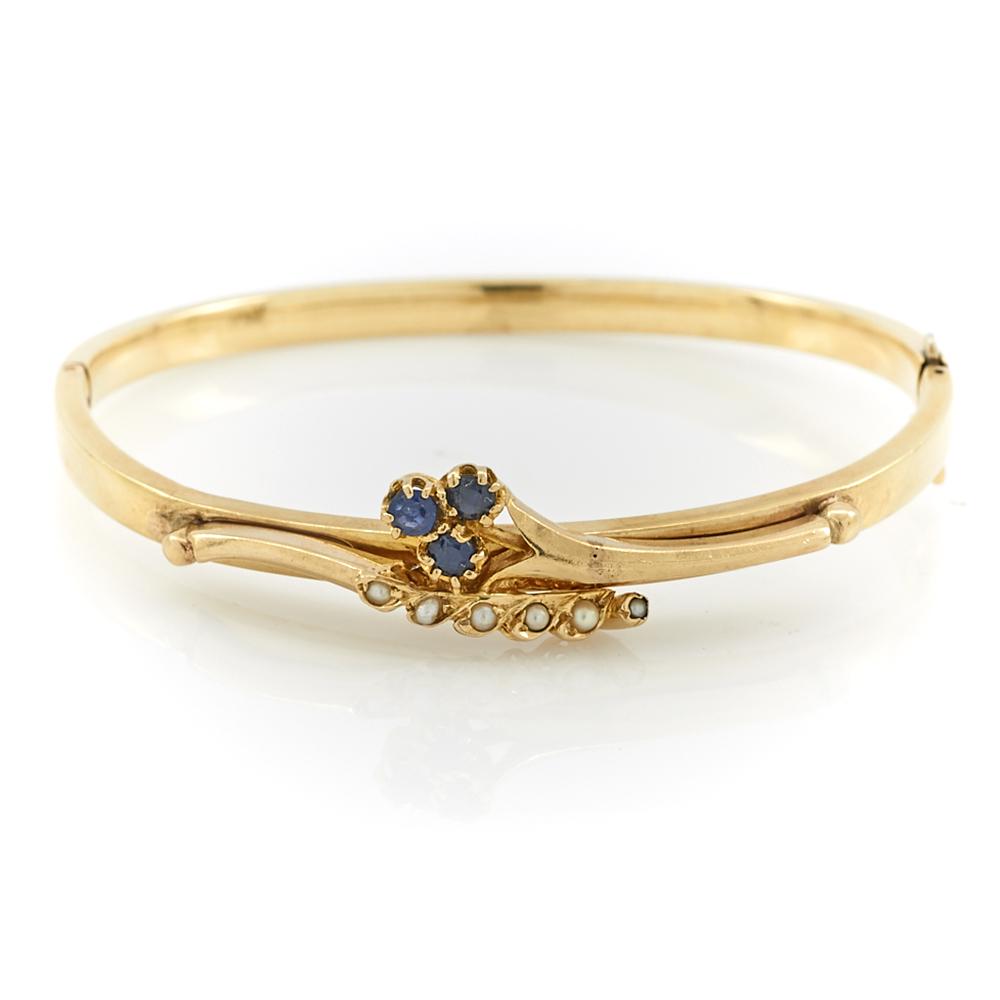 14k Yellow gold hinged bangle bracelet with sapphires (1 of 1)