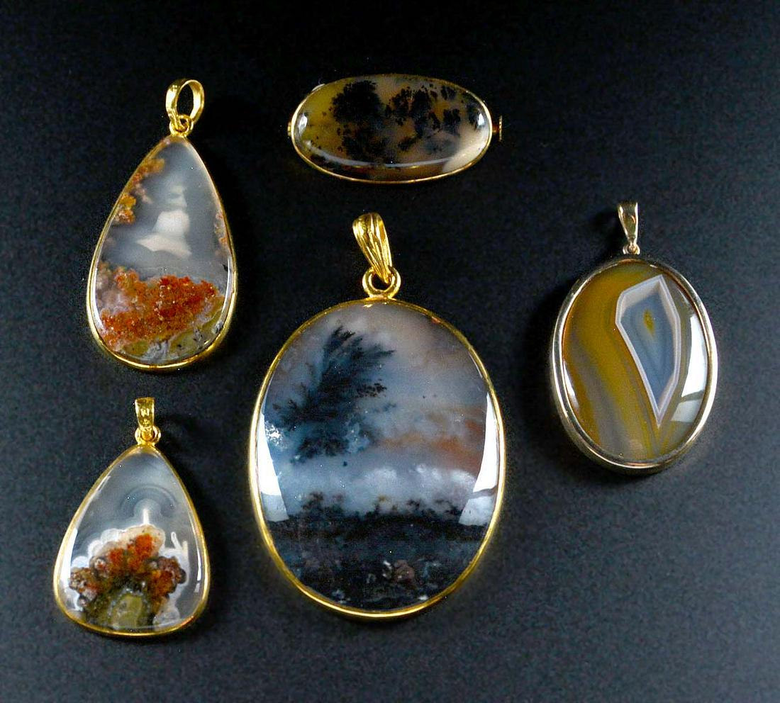 Grouping of five moss agate brooches & pendants (1 of 1)
