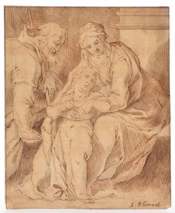 Manner of Abraham Bloemaert (1566 - 1651), Drawing.: Manner of Abraham Bloemaert (1566 - 1651), Drawing. Old Master Drawing of possibly the Holy Family, signed "A. Blomart" lower right. 7 5/8" x 6 1/4" unframed. Notation in pencil verso "Abraham Bloemae