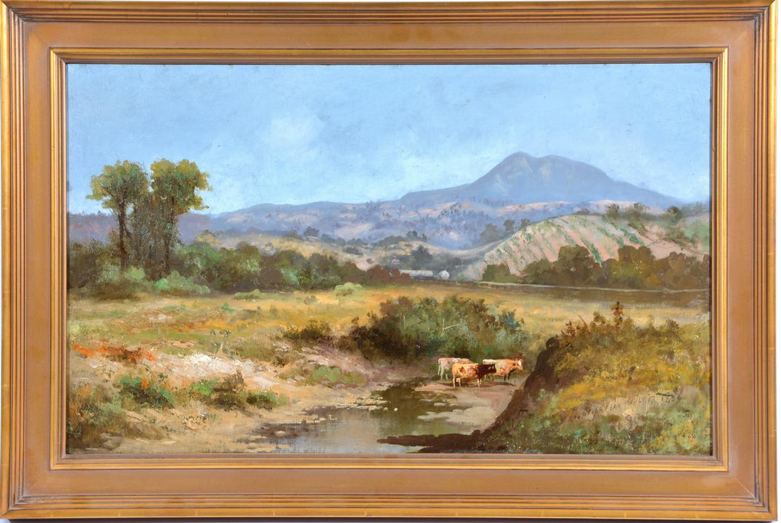 Meyer Straus, Geyser Peak, July 17, 1884, o/c: Meyer Straus (Am. 1831-1905), Geyser Peak, July 17, 1884, oil on canvas, Monogram, title and date lower right, information verso. 13 1/2" x 22"; Frame: 17 1/4" x 25 3/4". Very good condition. Provenan