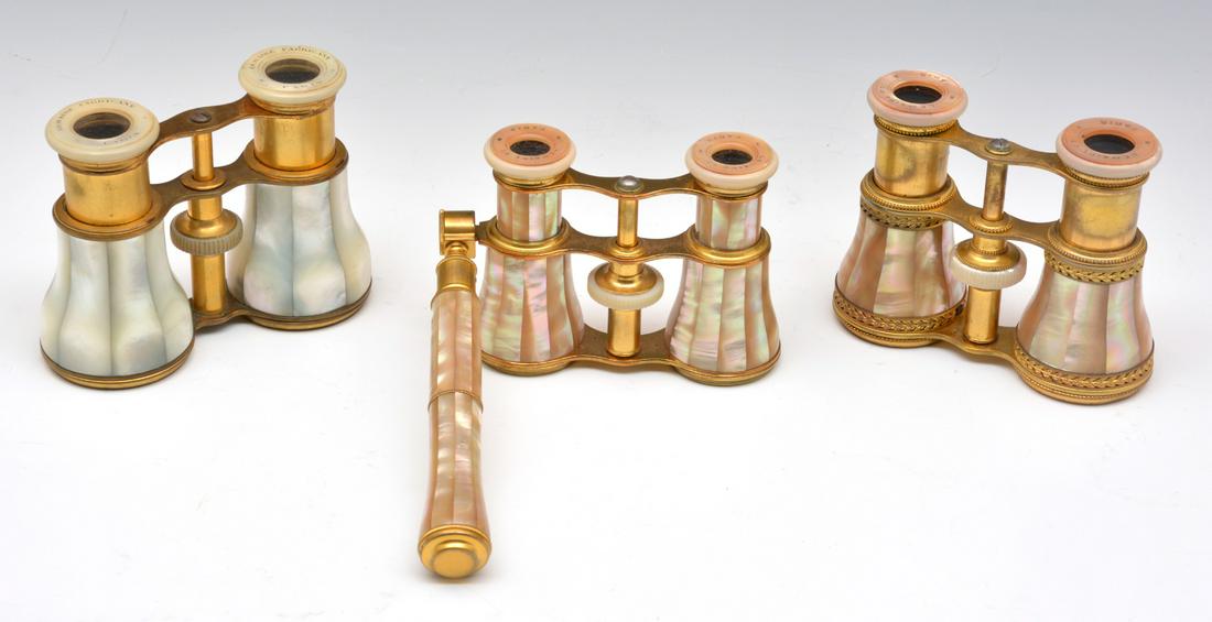 Grouping of 3 Lemaire Opera Glasses. Mother of Pearl: Grouping of 3 Lemaire Opera Glasses. All Mother of Pearl and gilt brass. One with detachable handle. Widest 4 1/4". All in beautiful condition. All working