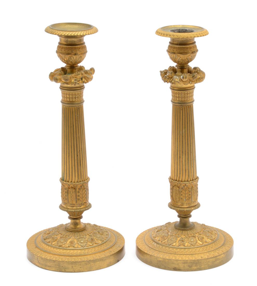 Pair of French Gilded Bronze Column Candlesticks (1 of 2)