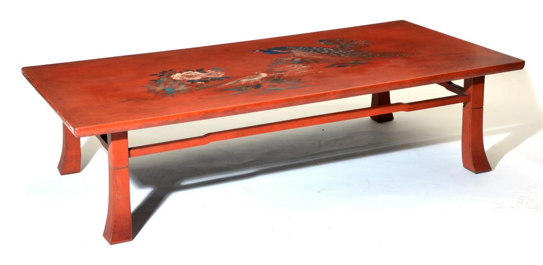 Japanese Red Lacquer Table, Zataku, Peacocks (1 of 2)