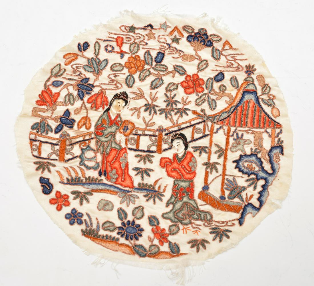 Chinese Forbidden Stitch Textile, 9 3/4" diameter (1 of 3)