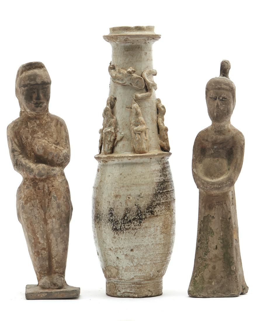 Chinese funerary ware, 2 figures and vase (1 of 3)