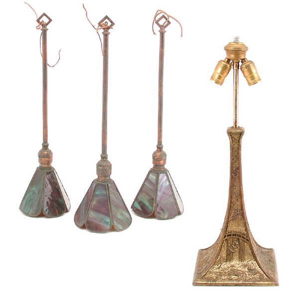 3 Art Nouveau Glass Pendants & Aesthetic Lamp