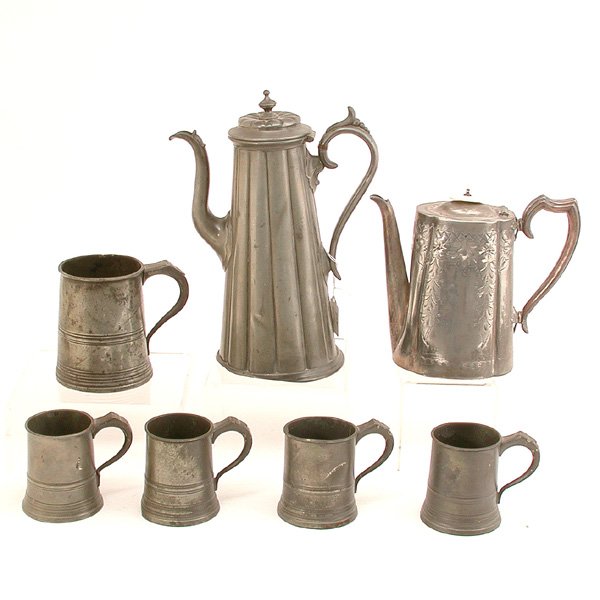 Pewter, 5 Tankards, 1 Teapot, 1 Silverplate Teapot