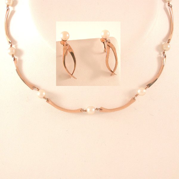 14 Karat Gold Pearl Necklace & Earrings