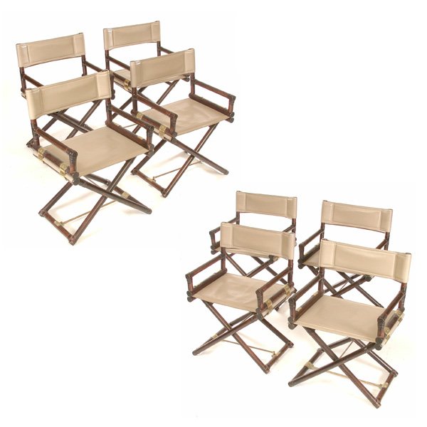 8 McGuire "X" Chairs, Brass, Wood & Leather