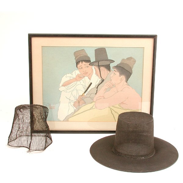 Paul Jacoulet Print, "Trois Coreens" & Korean Gat