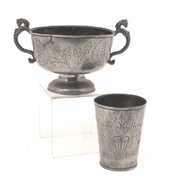 German Pewter Loving Cup & Beaker, Engraved