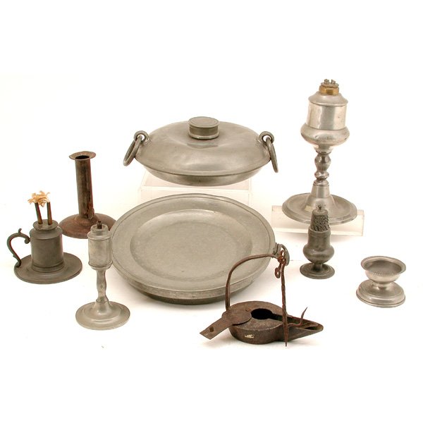 7 Pewter & 2 Iron Lights, Sticks, Bed Warmer