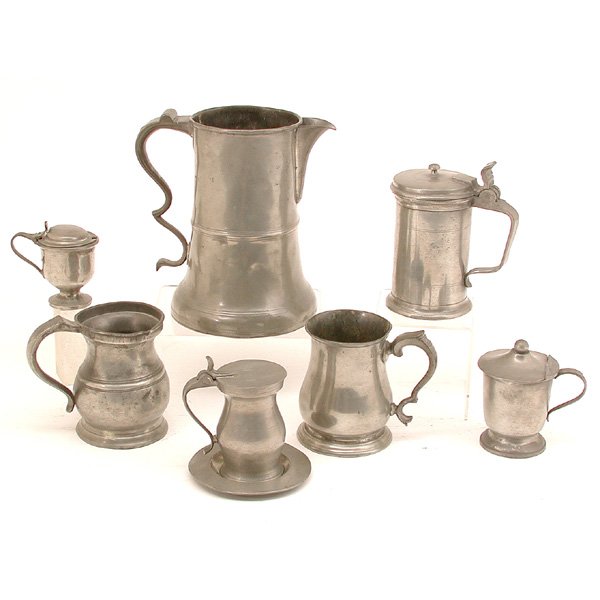 English Pewter, 6 Tankards, 1 Pitcher