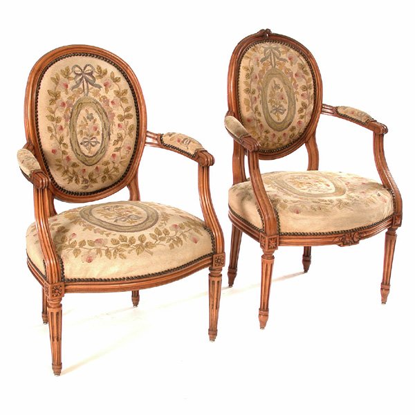 Louis XVI French Walnut Armchairs, 19th. C