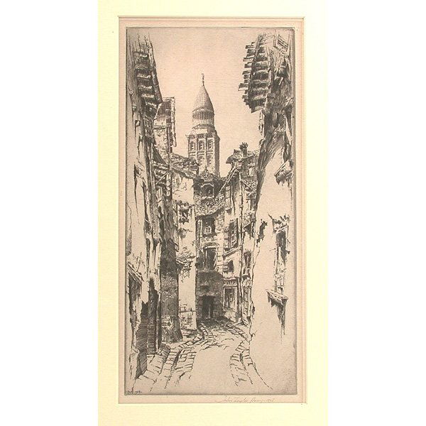 John Taylor Arms, Perigueux Street Scene: ENGRAVING. John Taylor Arms, Perigueux Street Scene, engraving, pencil signed in margin lower right, dated 1928, very good condition,