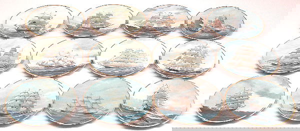 12 Lundgren Plates Golden Age of Sail: PLATES. Set of 12 Charles Lundgren's "Golden Age of Sail" painted ship plates, signed Chas Lundgren. 8 5/16" diameter. To include: New World, Young America, Courier, Sea Witch, Great Republic, Flying